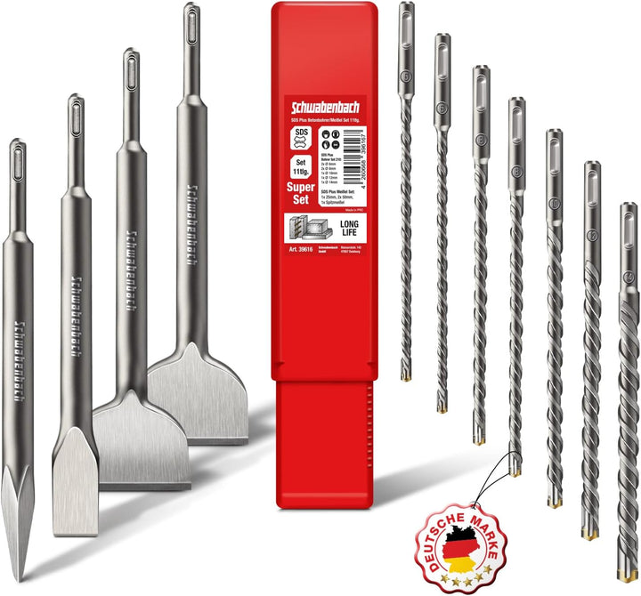 SCHWABENBACH ® SDS PLUS Bohrer- und Meissel-Set 11tlg 7x Betonbohrer 6-14 mm + 4x Meissel Kompatibel