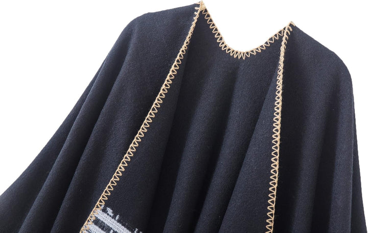 Damen Vintage Farbblocking Schal Wrap Open Front Poncho Übergrosse Winterdecke Elegant Cape Coat Ein