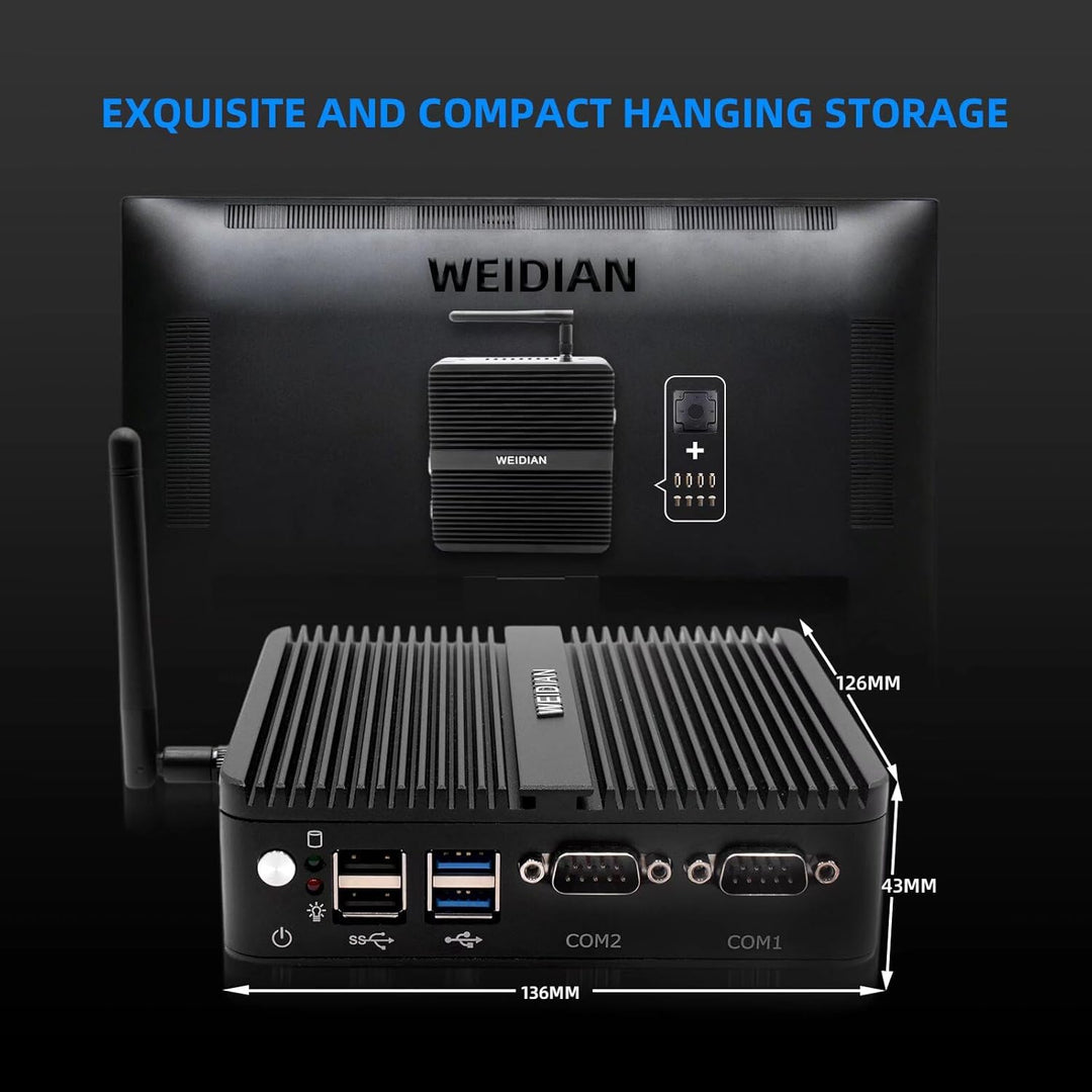 WEIDIAN Lüfterloser Mini PC Windows 10 Pro Quad Core Celeron J4125, 8GB DDR4 RAM 128G SSD, 4K HDMI/V