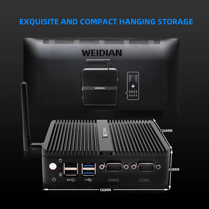 WEIDIAN Lüfterloser Mini PC Windows 10 Pro Quad Core Celeron J4125, 8GB DDR4 RAM 128G SSD, 4K HDMI/V