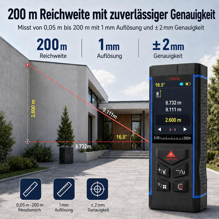 Laser-Entfernungsmesser 200 m (650 ft) mit Kamera, Digitaler Distanzmesser mit Stativ, ±2 mm Genauig