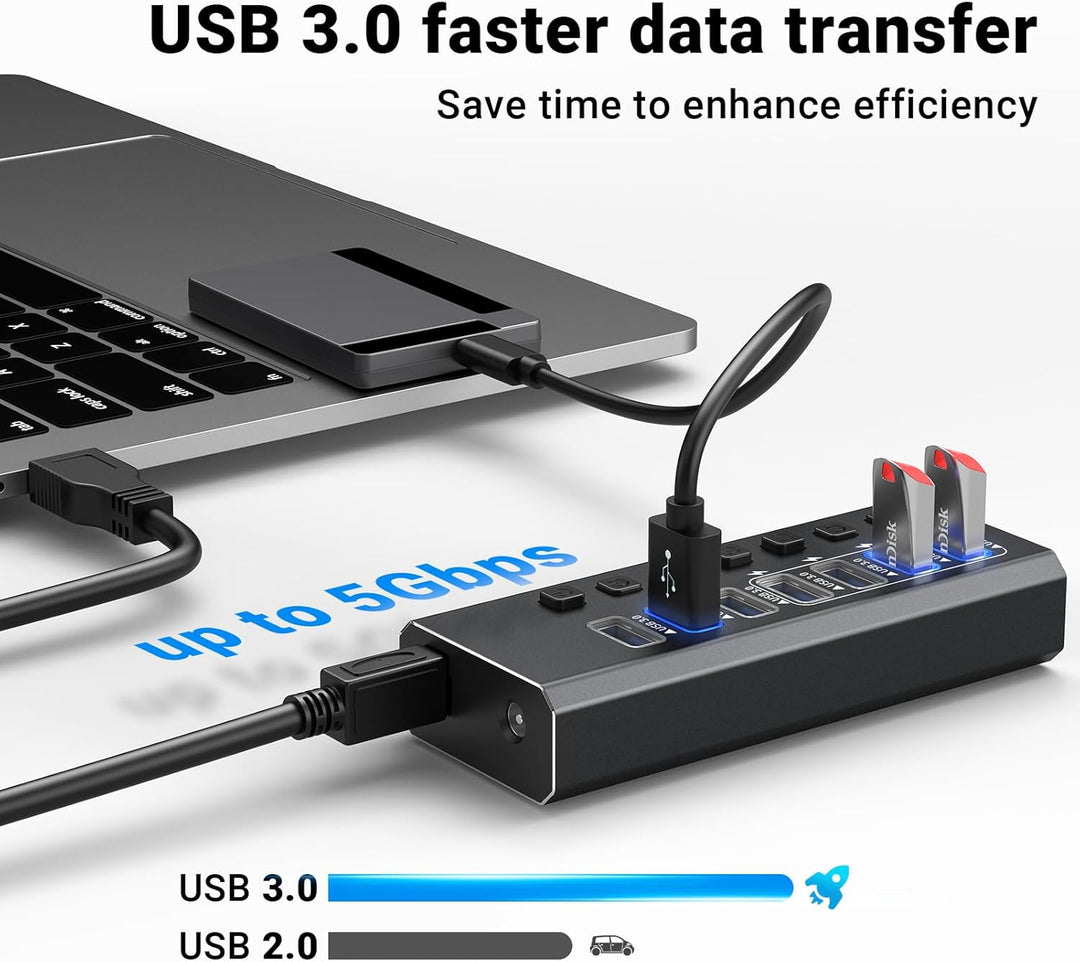 USB-3.0-Hub-betrieben, Aluminium, 7 USB-Ports, SuperSpeed-Daten-Hub mit 12 V/2 A Netzteil und indivi
