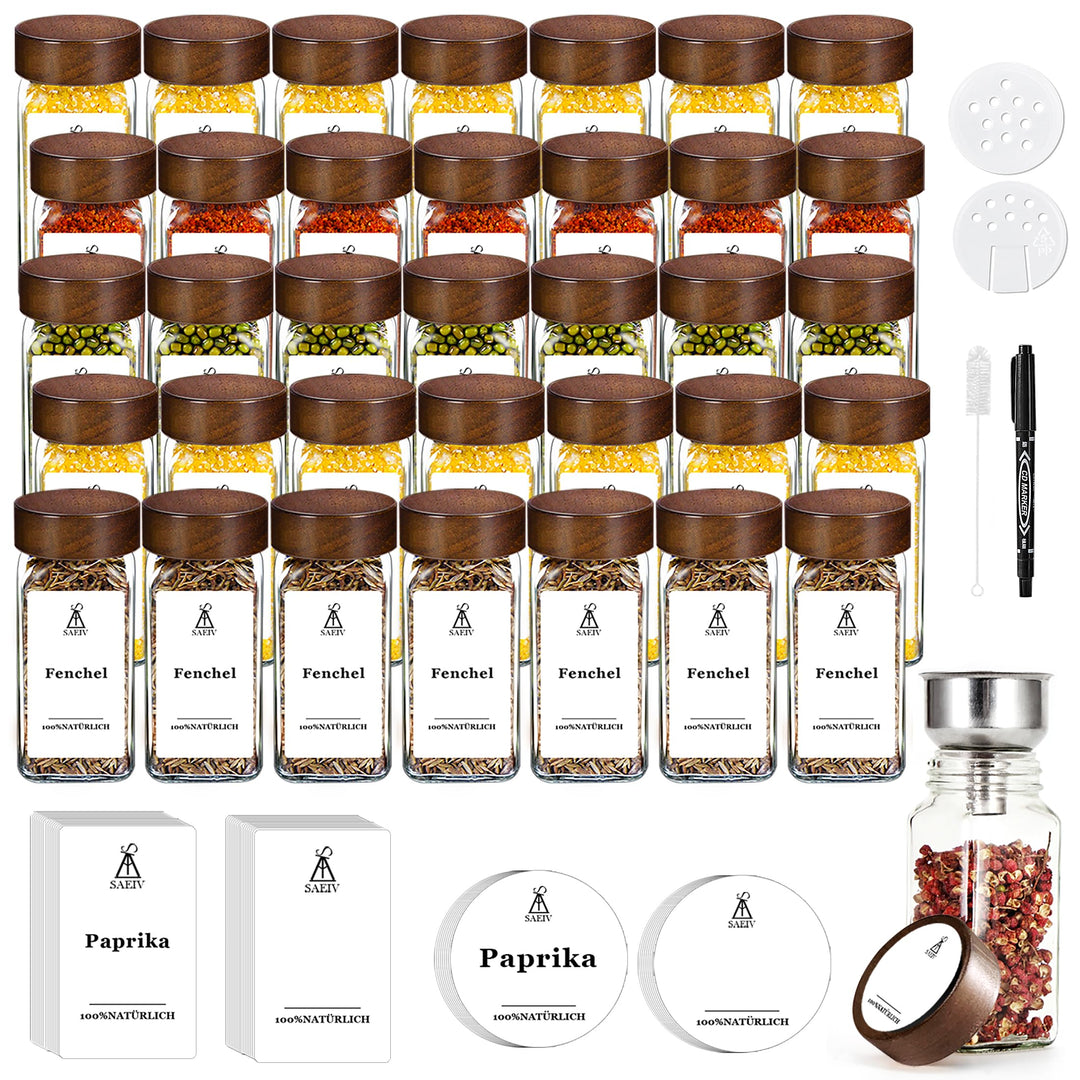 35 quadratische Flaschen mit Akazienholzdeckeln Set Gewürzdosen 120M, Transparent Spice Jars, Zwei T