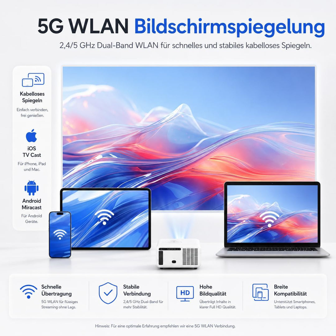 Premium Beamer 4000 ANSI Lumen, Projektor 4K Support Full HD 1080P, Android 15 Smart Beamer mit 3GB+