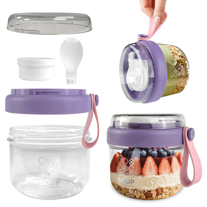 Müsli To Go Becher, Porridge Becher, Jmüsli Cup mit Dip-Box und Löffel, 650 ml Joghurtbecher To Go K