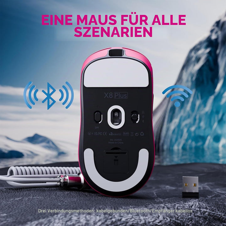 ATTACK SHARK X8 Serie Kabellose Gaming-Maus, 55–65 g Superleicht, PixArt PAW3395/3950 Sensor, BT/2.4