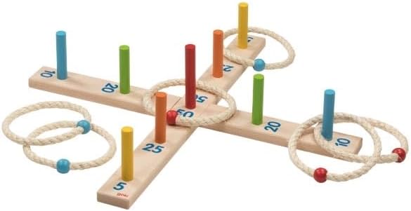 goki 56801 - Ringwurfspiel mit 6 Sisalringen, Holz-Geschicklichkeitsspiel, 49x49cm, MADE IN GERMANY,