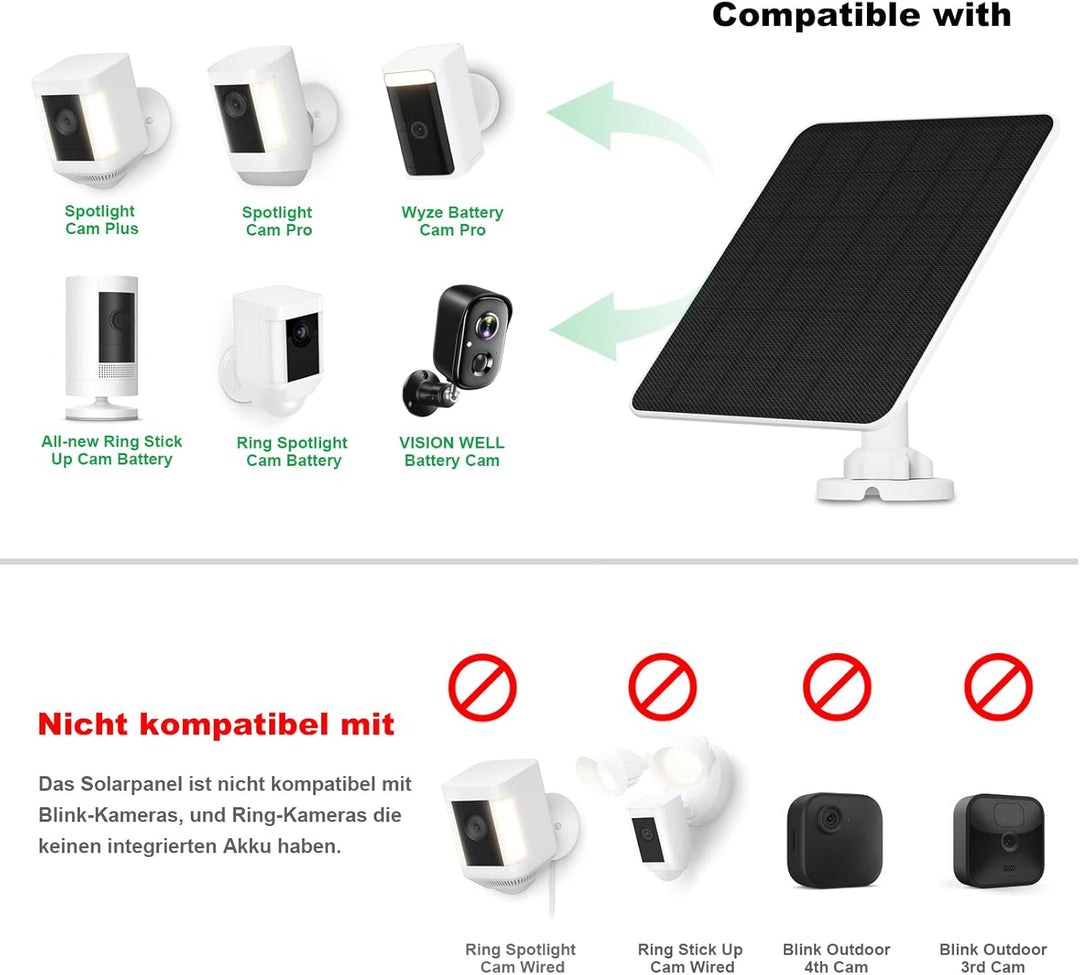 Solarpanel für Ring-Kamera, 5W Solarpanel Ladegerät für Ring Stick Up Cam und Spotlight Cam, Kamera-