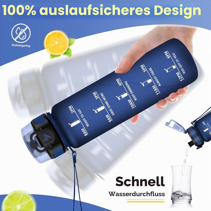 Trinkflasche 500ml/1L, Trinkflasche mit Zeitmarkierung und Filter, Auslaufsicher Wasserflasche Kohle