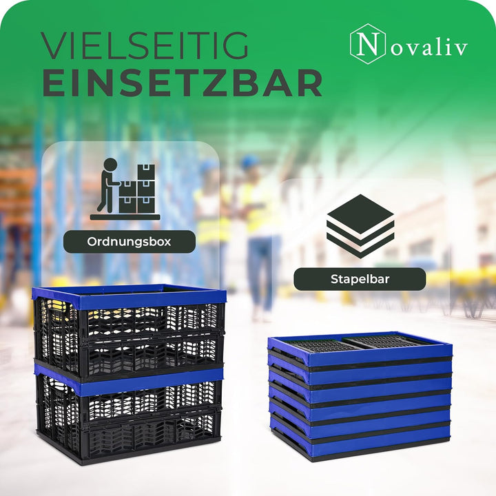 Novaliv Klappboxen faltbar stabil 4x 30L Blau Schwarz baskets Einkaufskiste Klappkisten Set Tragebox