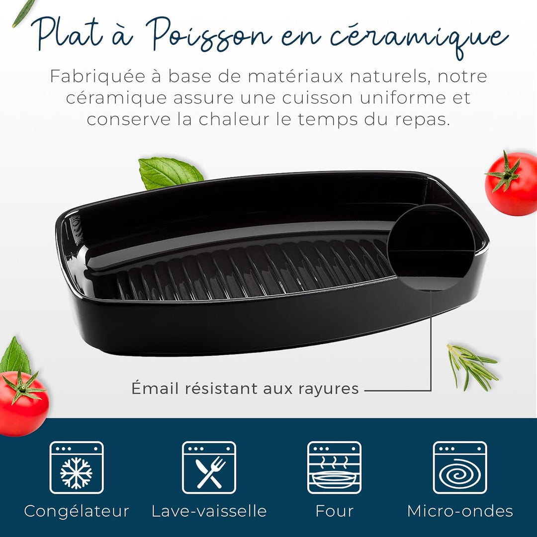 Rechteckige Auflaufform aus Keramik, Länge 40 cm, Farbe: Schwarz, ideal zum Kochen von grossen Geflü