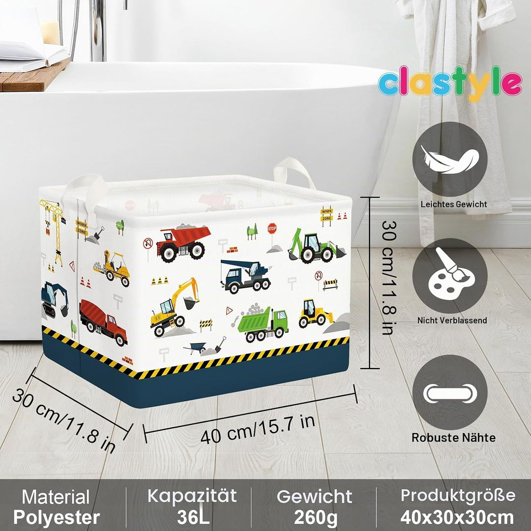 Clastyle Cartoon Bau LKW Jungen Würfel Aufbewahrungskorb für Babyzimmer Bagger Bulldozer Blau Wasser