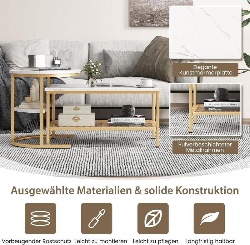 COSTWAY 2er Set Couchtisch, Beistelltisch Marmor Optik mit Metallrahmen & Ablage, Kaffeetisch Wohnzi