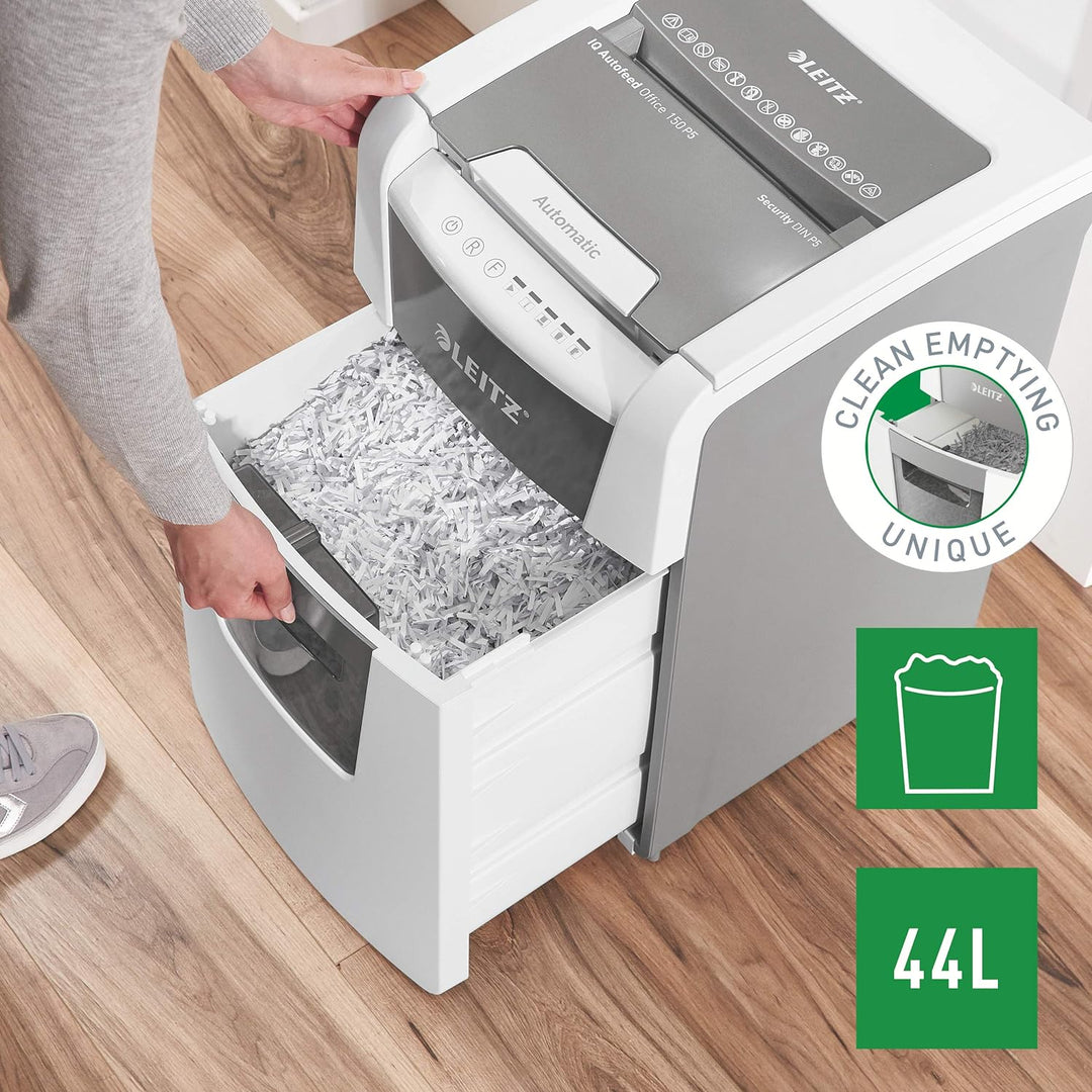 Leitz IQ Autofeed Office Aktenvernichter CH, Mikroschnitt P5, 150 Blatt, 44l-Abfallbehälter, mit Sch