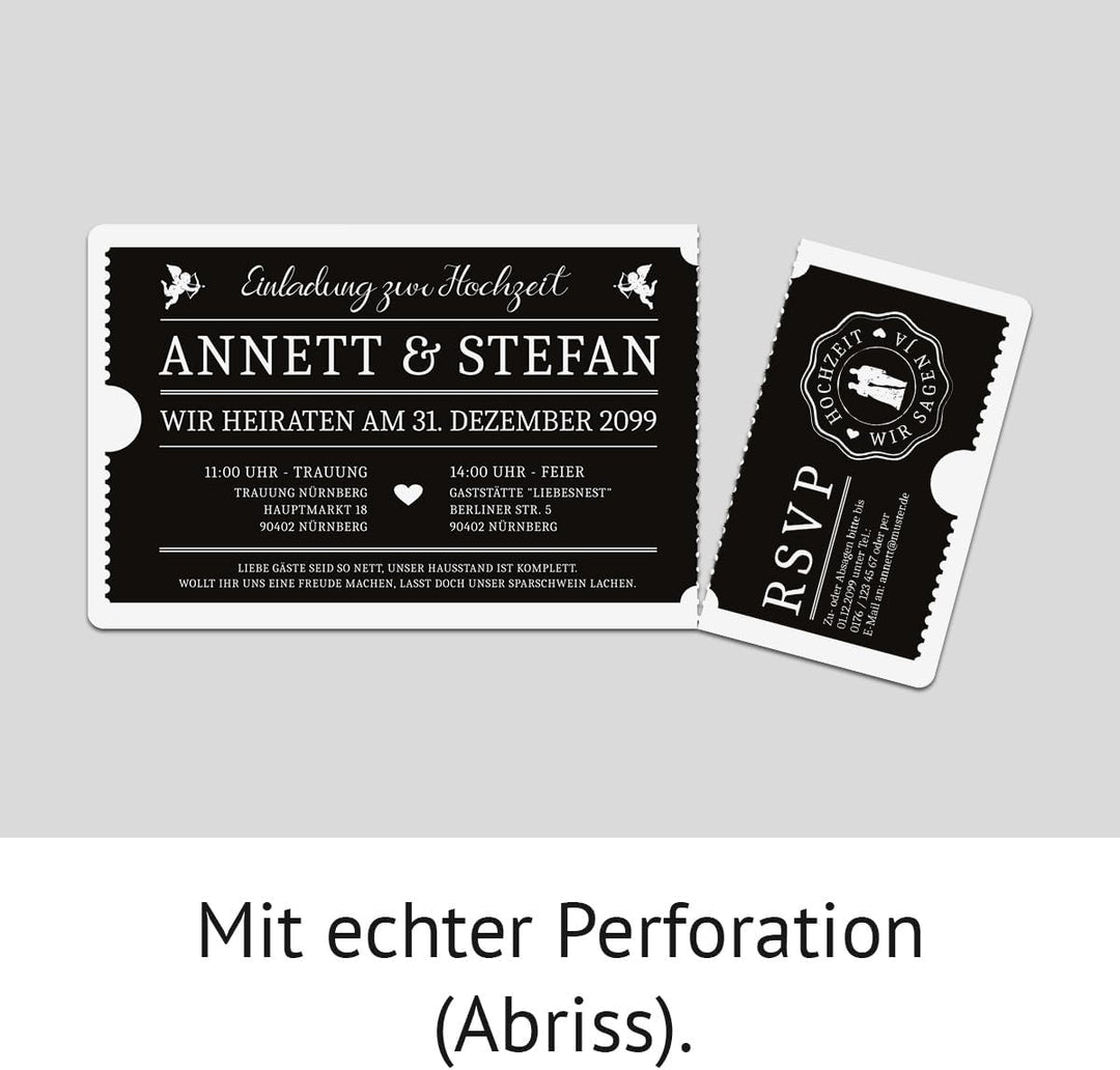 Kartenmachen.de Hochzeit Einladungen Einladungskarten Schwarz-Weiss Ticket Eintritt schwarze Version