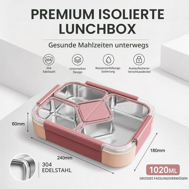 Edelstahl Brotdose 1020ml, Bento Lunchbox mit 4 Fächern