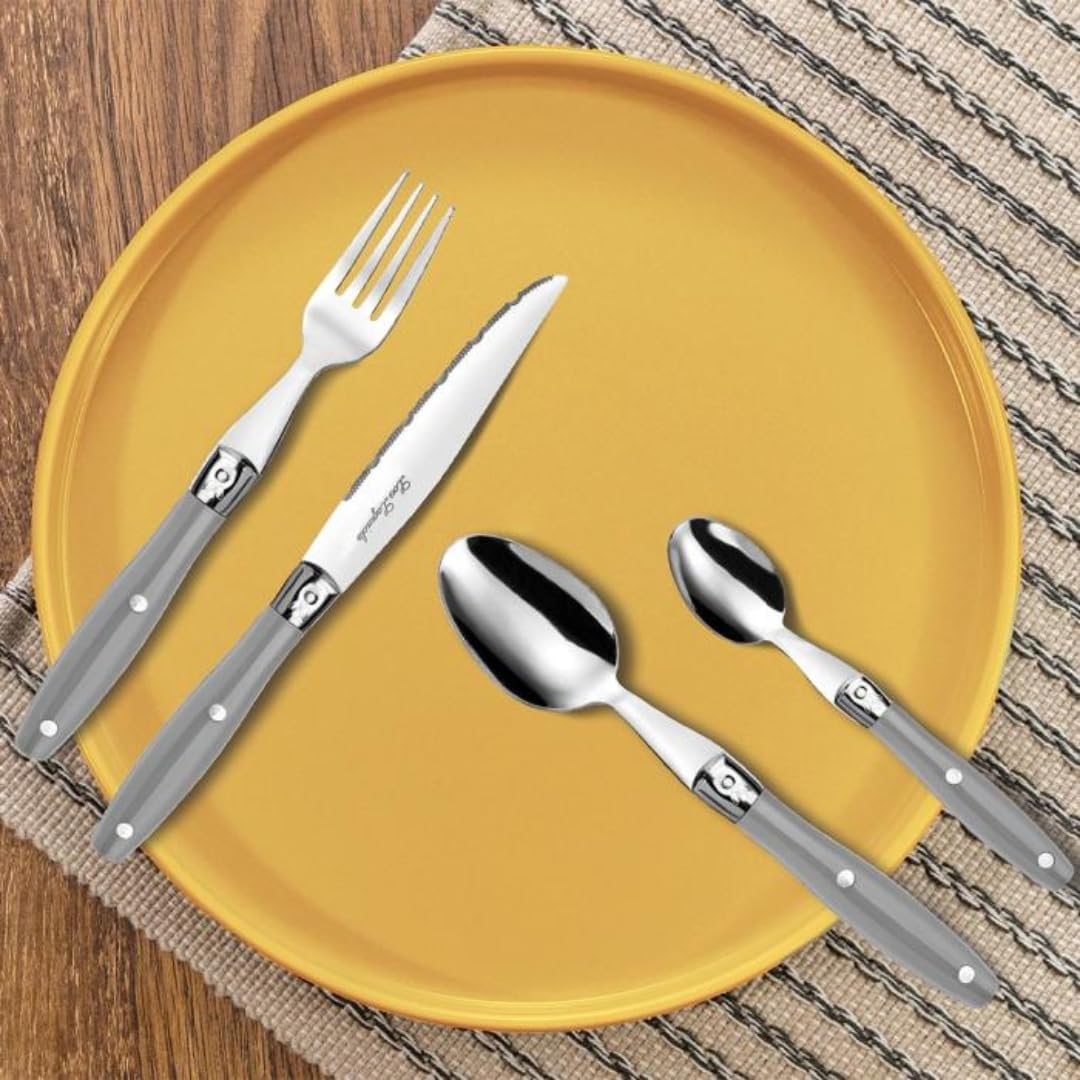 Lou Laguiole Steakbesteck | Steakmesser Set 24-teilig | Besteck für 6 Personen | Dunkelgrau | Wellen