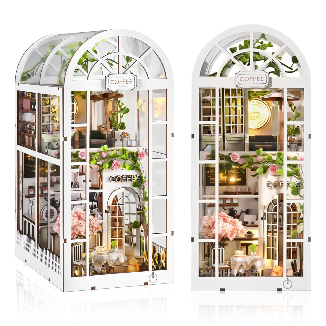 Book Nook Kit, Miniatur Puppenhaus Bücherregal-Einsatz mit LED-Beleuchtung, 3D Holzpuzzle DIY Modell