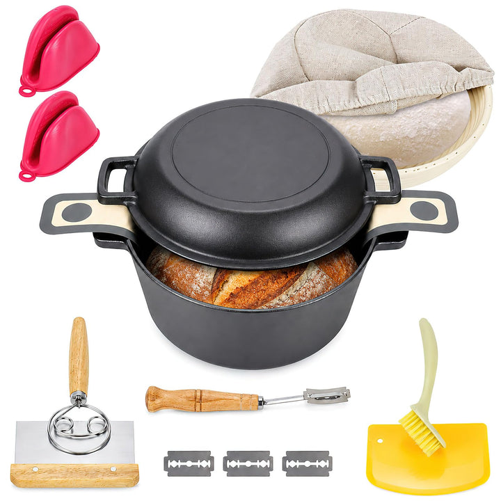Gusseisen Dutch Oven 5 QT Brotbacktopf Emaille Bräter mit Gärkörbchen Banneton Sauerteig Backset zum