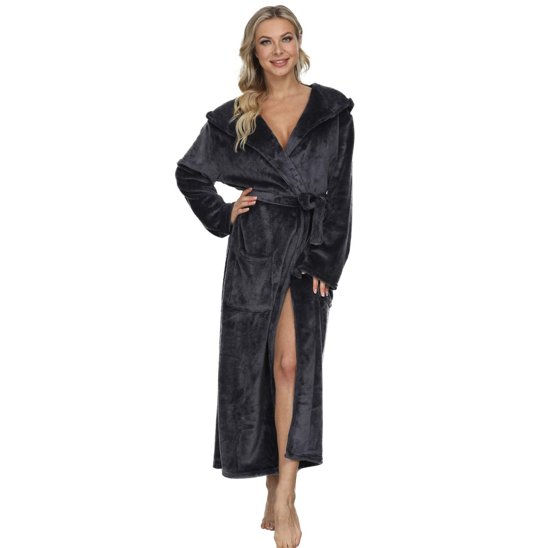 Mnemo Bademantel Damen Lang mit Kapuze Bademantel Damen Frottee Bademantel Damen Flauschig Grau M, G