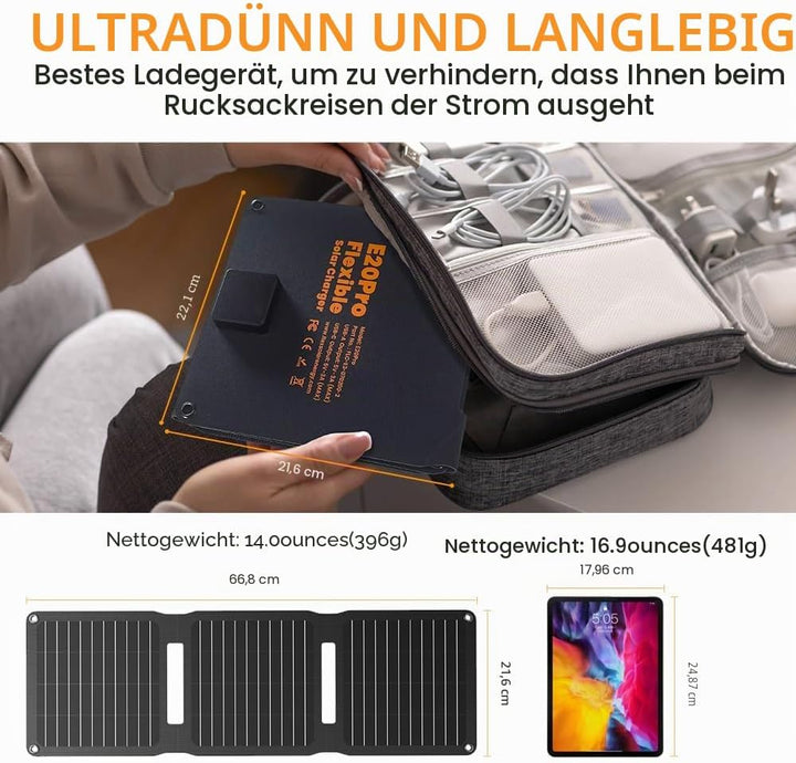 FlexSolar Solarmodul-Ladegerät, 20 W, 5 V, USB-A, USB-C-Ausgang, tragbar, faltbar, kleine Leistung,