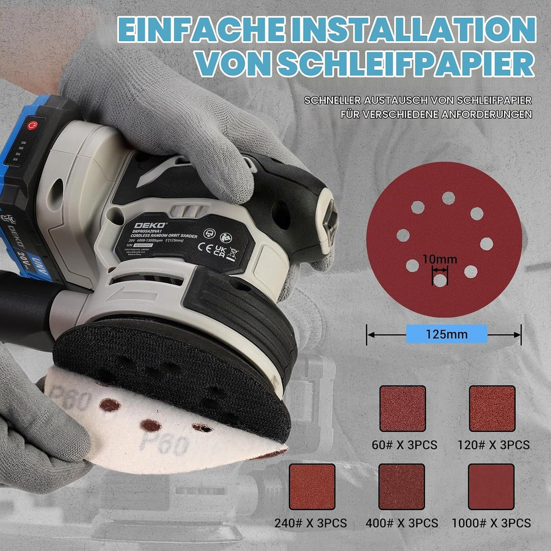 20V Exzenterschleifer Akku 125mm: DEKOPRO Schleifmaschine für Holz,6 variable Geschwindigkeiten, 125