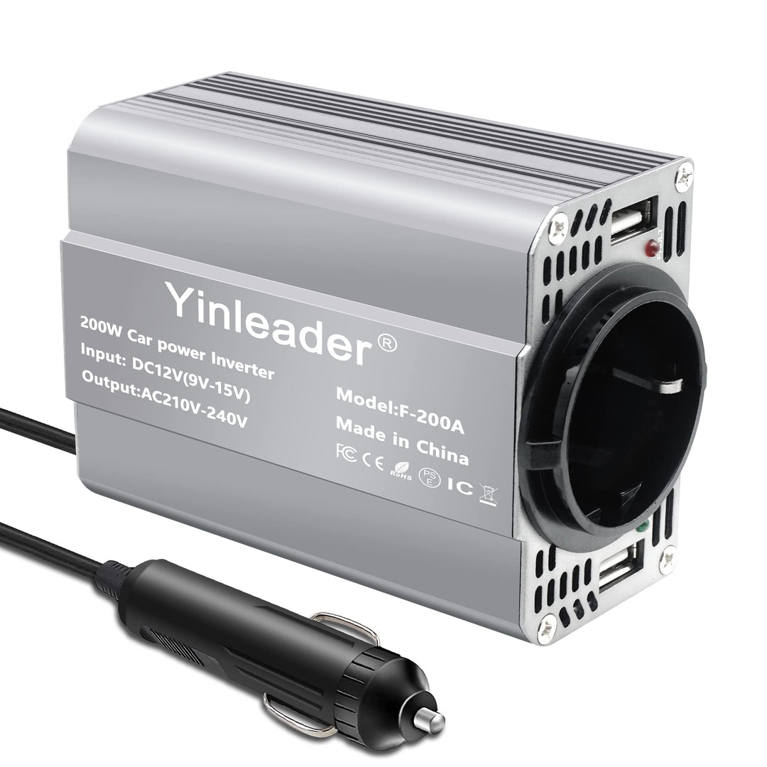 Yinleader 200W 12V auf 230V Wechselrichter 1 EU-Steckdosen 2 USB Auto -Konverter Kfz-Spannungswandle