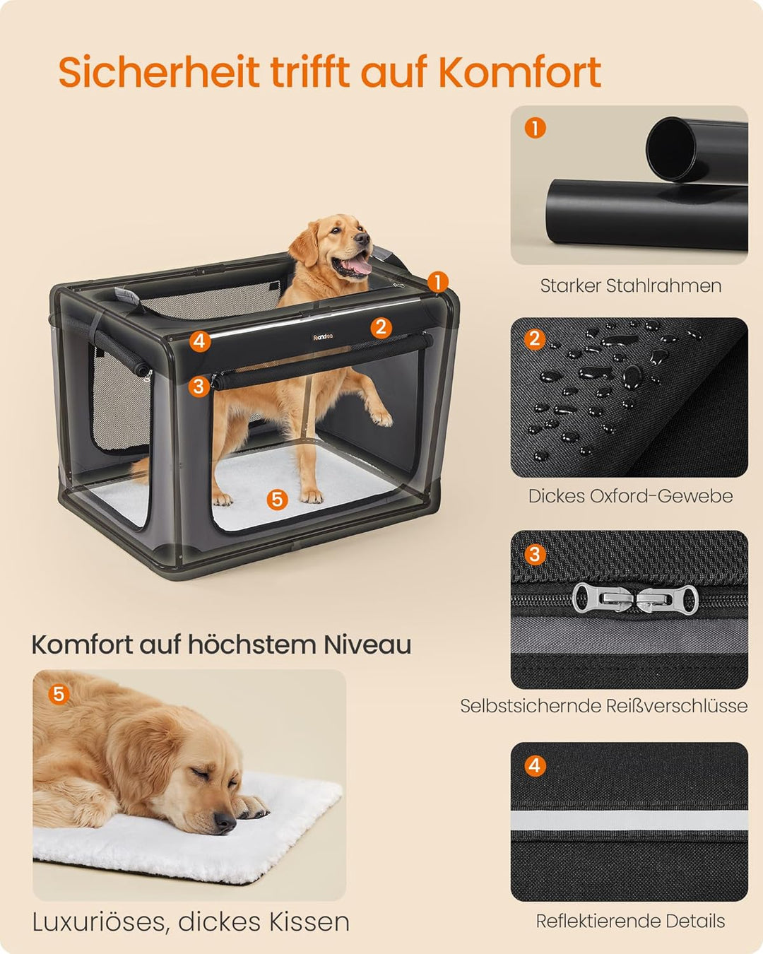 Feandrea Hundebox faltbar, 91,4 cm Transportbox für grosse Hunde, Hundetasche, Oxford-Gewebe, mit 4