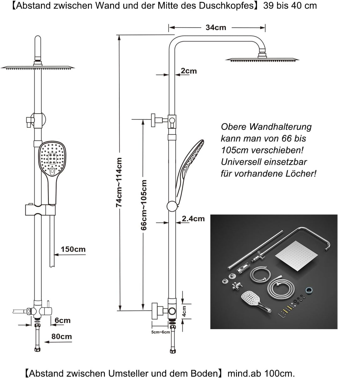 JOHO Duschset ohne Armatur, chrom, Edelstahl Duschsystem, Regendusche set, Überkopfbrause set, Dusch