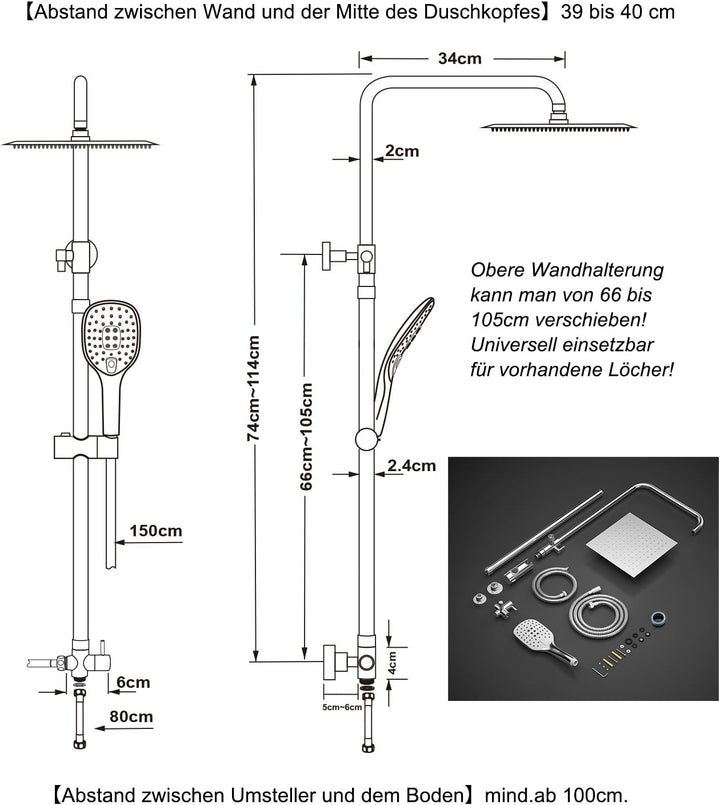 JOHO Duschset ohne Armatur, chrom, Edelstahl Duschsystem, Regendusche set, Überkopfbrause set, Dusch
