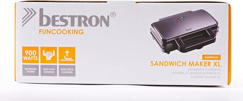 Bestron XL Sandwichmaker, Antihaftbeschichteter Sandwich-Toaster für 2 Sandwiches, 900 Watt, Farbe: