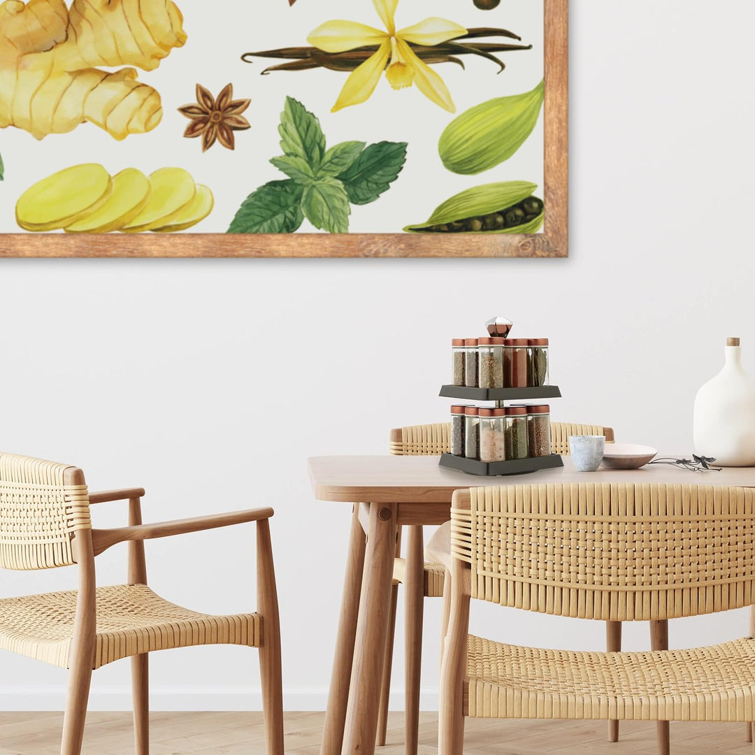 Relaxdays Gewürzregal inkl. 16 Gewürzgläser á 100 ml, Drehkarussel, zum Nachfüllen, mit Streueinsatz