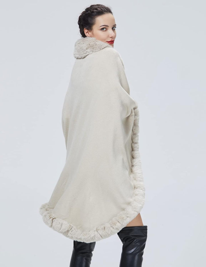 BEAUTELICATE Kunstpelz Poncho Cape Strick Damen Winter Kunstfell Stola Schal Cape Cardigan Warm mit