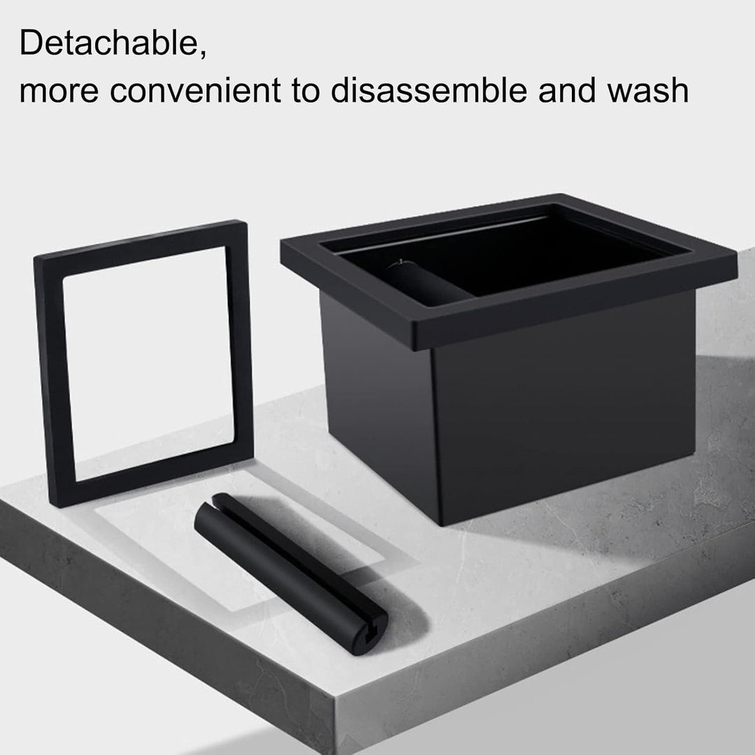 Kaffeesatz-Ausklopfbox, quadratisch, bodenlos, schwarze Gummi-PTFE-Stahlbox mit Kaffee-Tamping-Stati