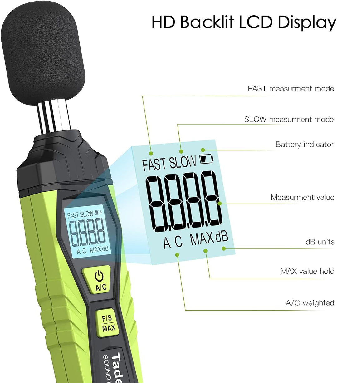 Schallpegelmessgerät, Tadeto Digital Tragbare Schallpegelmesser 30dB bis 130dB mit LCD-Display A/C G