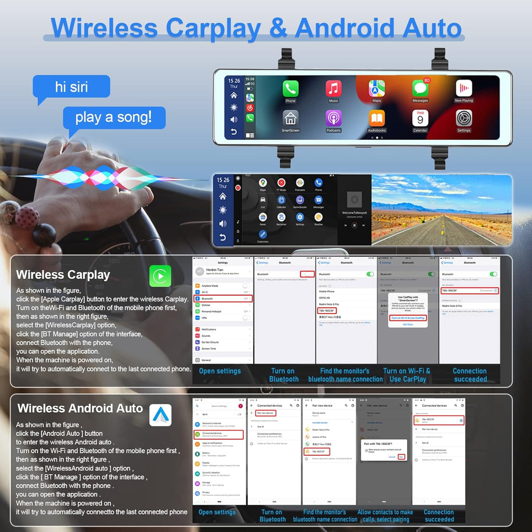 Hodozzy Kamera Auto Dash Cam Rückspiegel Carplay Wireless Android Auto, Bluetooth 11,26 Zoll Touchsc