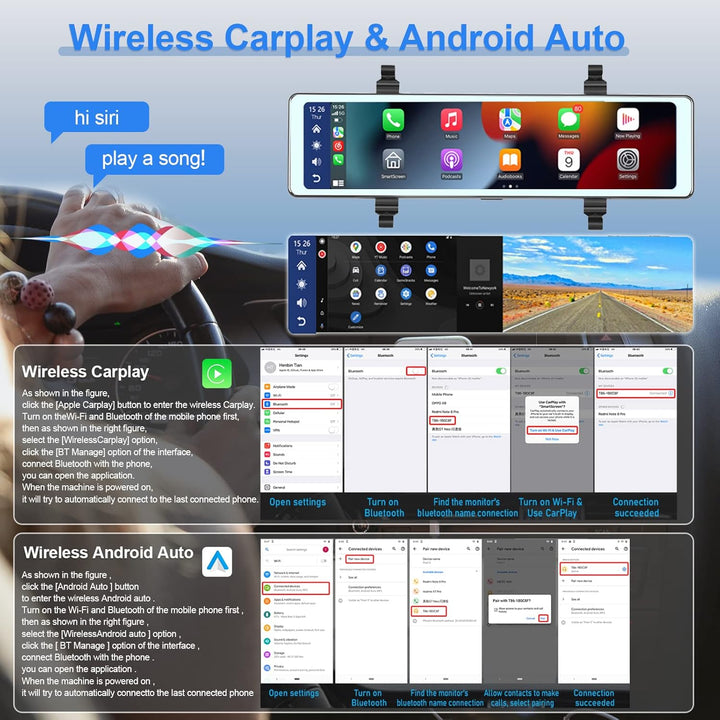 Hodozzy Kamera Auto Dash Cam Rückspiegel Carplay Wireless Android Auto, Bluetooth 11,26 Zoll Touchsc