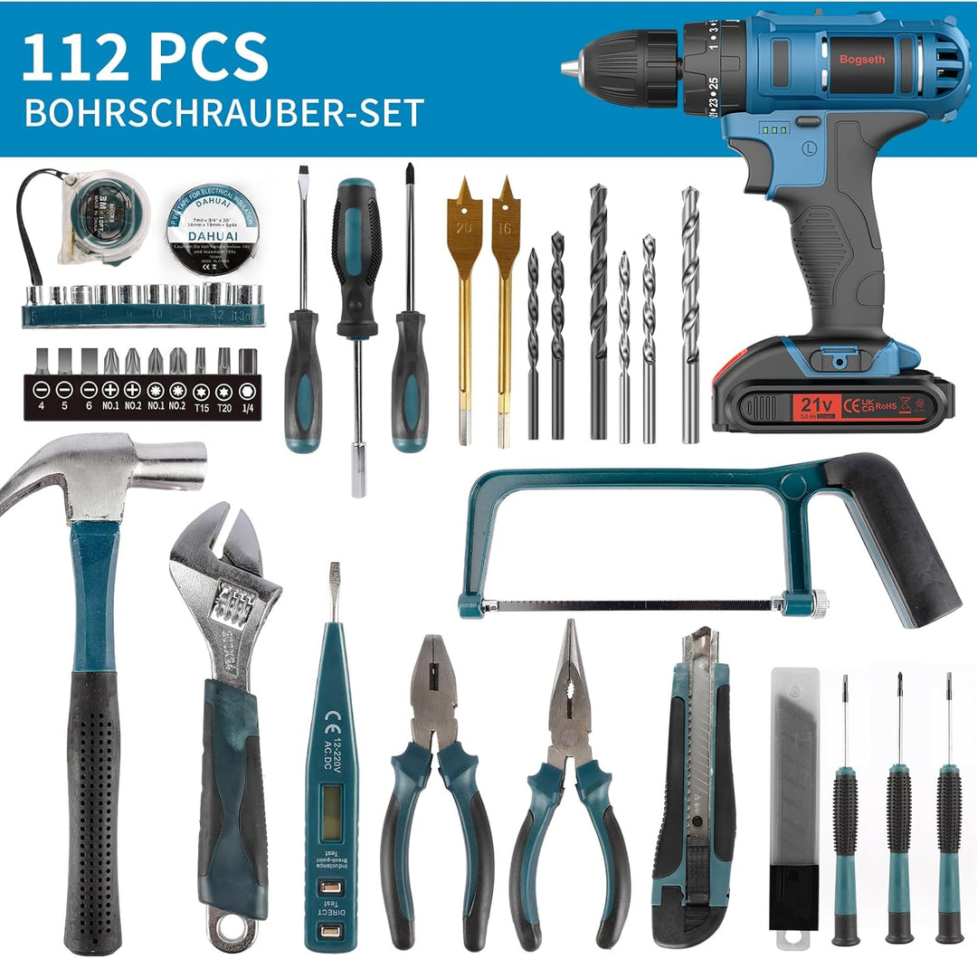 Bogseth 21V Akkuschrauber Set,Akkubohrer mit 112PCS Werkzeugkoffer,45 N.m Max akku bohrmaschine mit