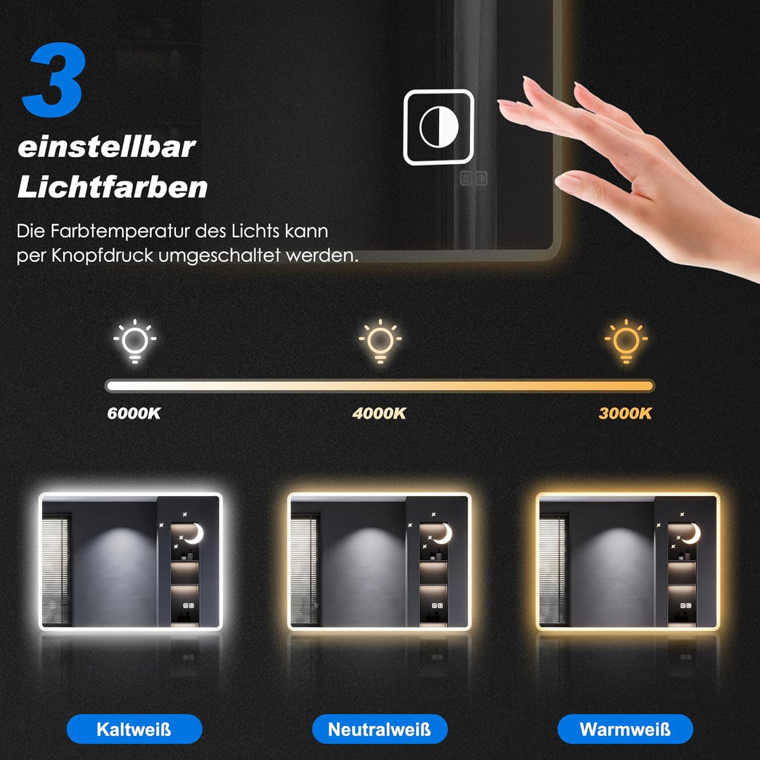 SONNI LED Badspiegel mit Stern-Mond-Dekoration 100x60 cm, Touch Badezimmerspiegel mit Steckdose, 3 L