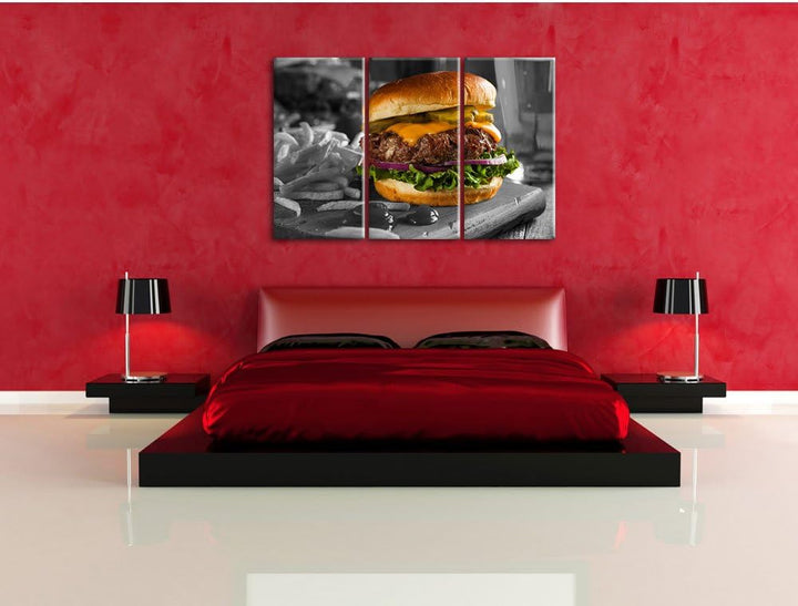 Pixxprint Saftiger Chili Cheese Burger Schwarz/Weiss 3-Teiler Leinwandbild 120x80 Bild auf Leinwand