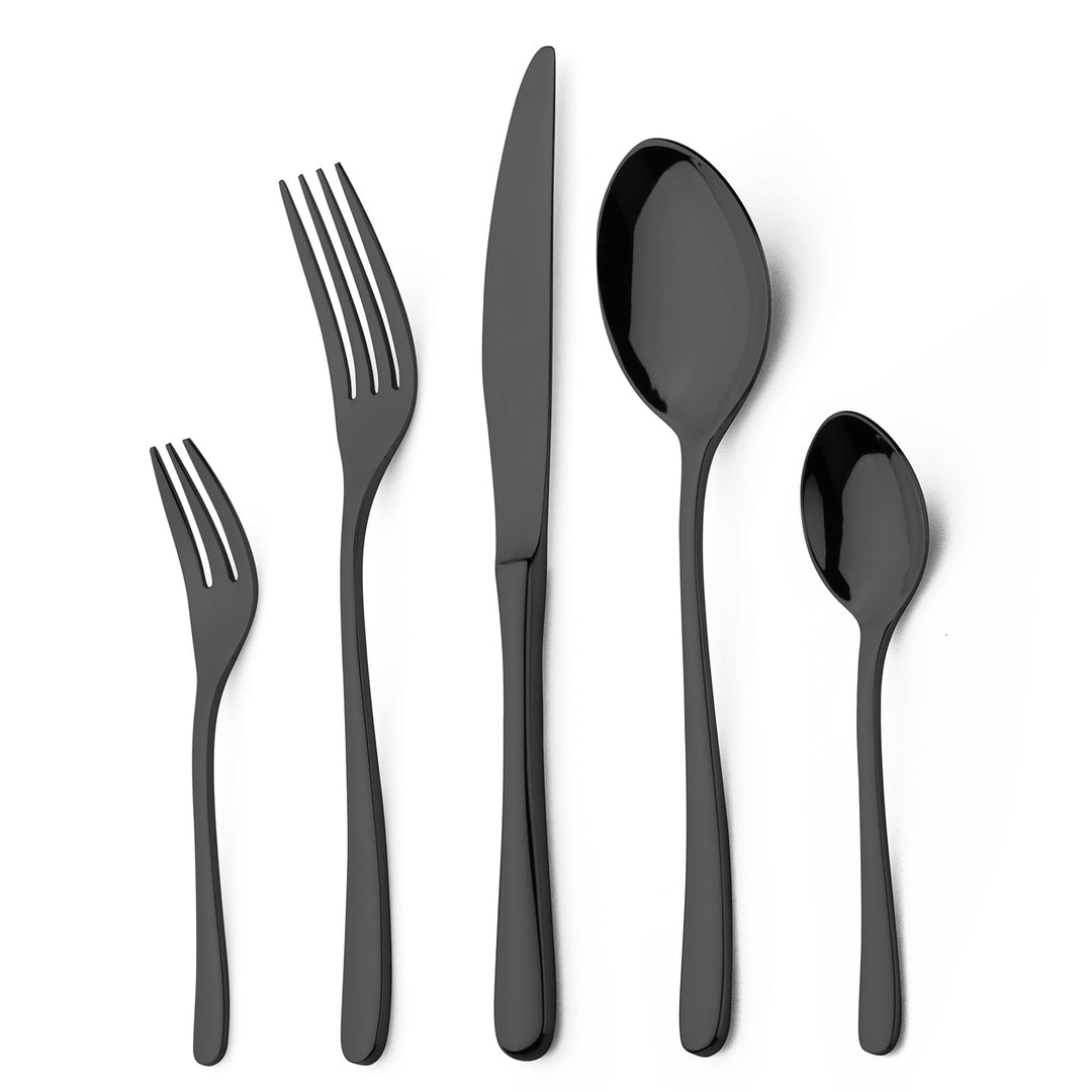 Alata Vienna 18/10 Edelstahl Poliert, Besteck Set 6 Personen Schwarz, Essbesteck 30 teilig, Glänzend