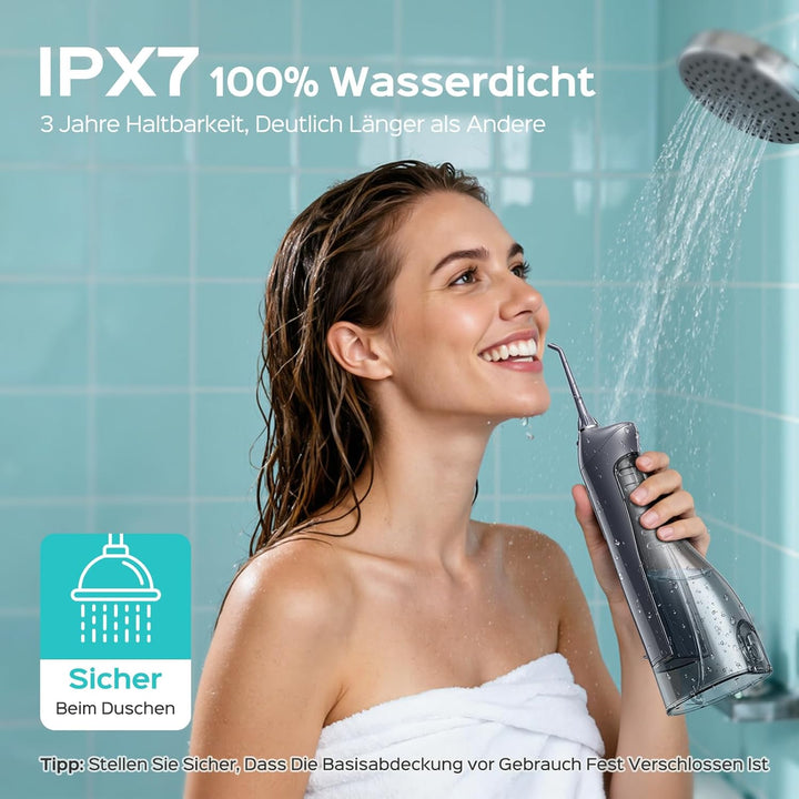 COSLUS Munddusche Kabellos Tragbar Elektrische Zahnreiniger, 300ML Wassertank Wiederaufladbar Zahndu
