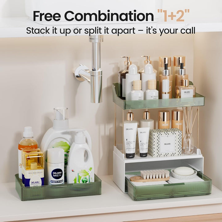 Delamu Make Up Organizer mit 2 Schubladen, 2 Etagen Kosmetik Organizer, Multifunktions Grösser Kosme
