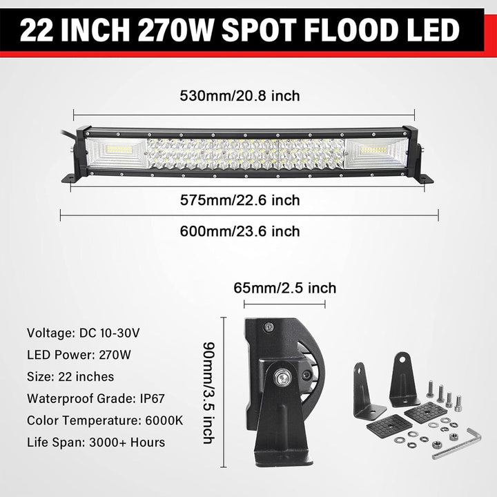 PICAA 3 Rows Gewölbt 22 Zoll LED Lightbar 270W mit Kabelbaum Kit Lichtbalken Arbeitsscheinwerfer Flu