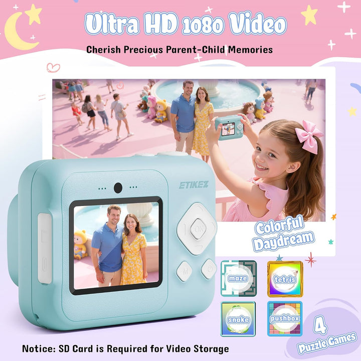 Kinderkamera Sofortbildkamera, 1080P Sofortbildkamera Kinder für 4 5 6 7 8 9 10 Jahre alte Mädchen J