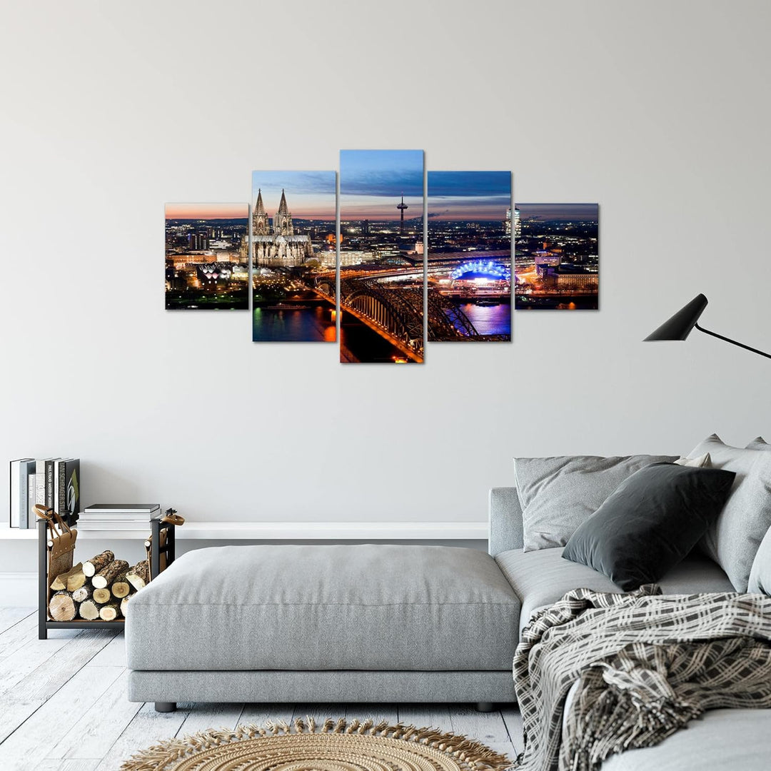 Runa Art Bild Wohnzimmer Schlafzimmer Köln 5 Teilig Stadt Panorama Blau Wandbilder auf Vlies Leinwan