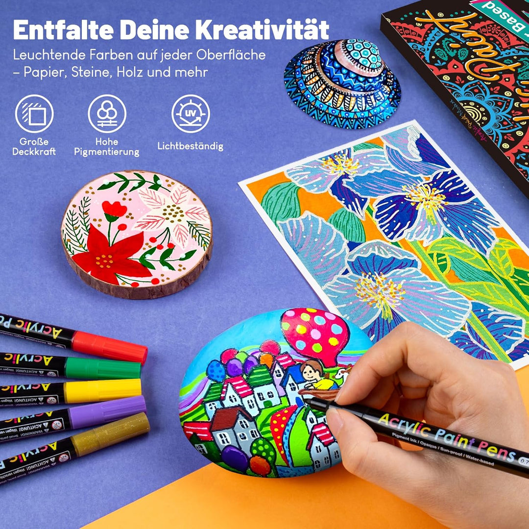 APOGO Acrylstifte für Steine Wasserfest Steine zum Bemalen, 18 Farben 0.7mm Acrylstifte Set für Weih