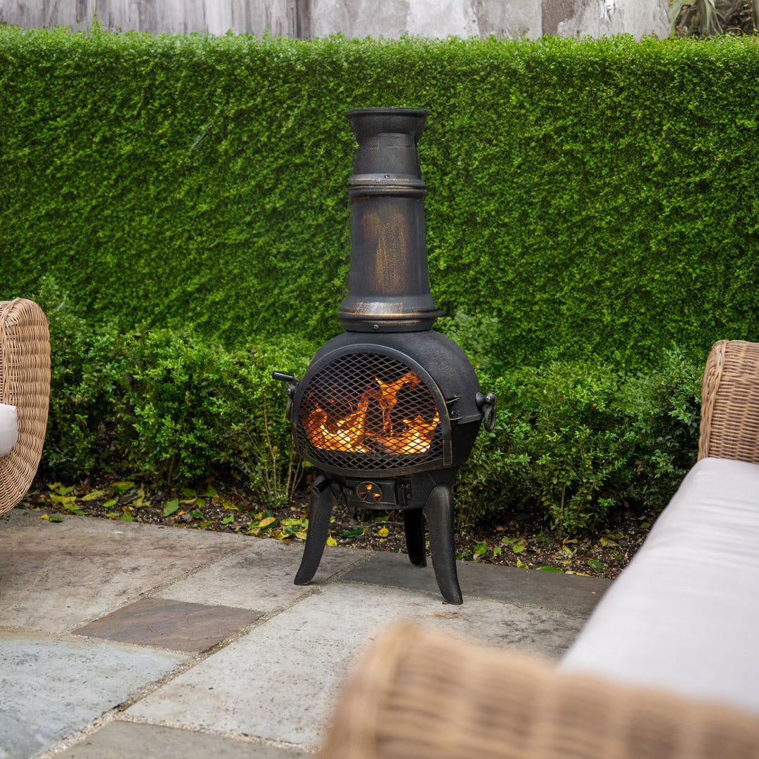 Gusseisen Terrassenofen | Gartenkamin Aztekenofen Feuerstelle | Premium Bronze-Effekt | mit Funkensc