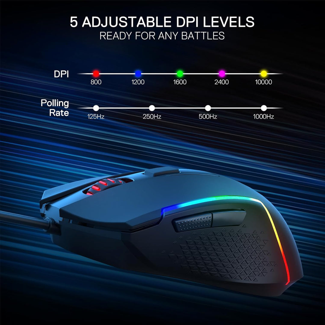 Redragon M616 RGB-Gaming-Maus, kabelgebundene optische Maus mit 10000 DPI, 6 programmierbaren Tasten