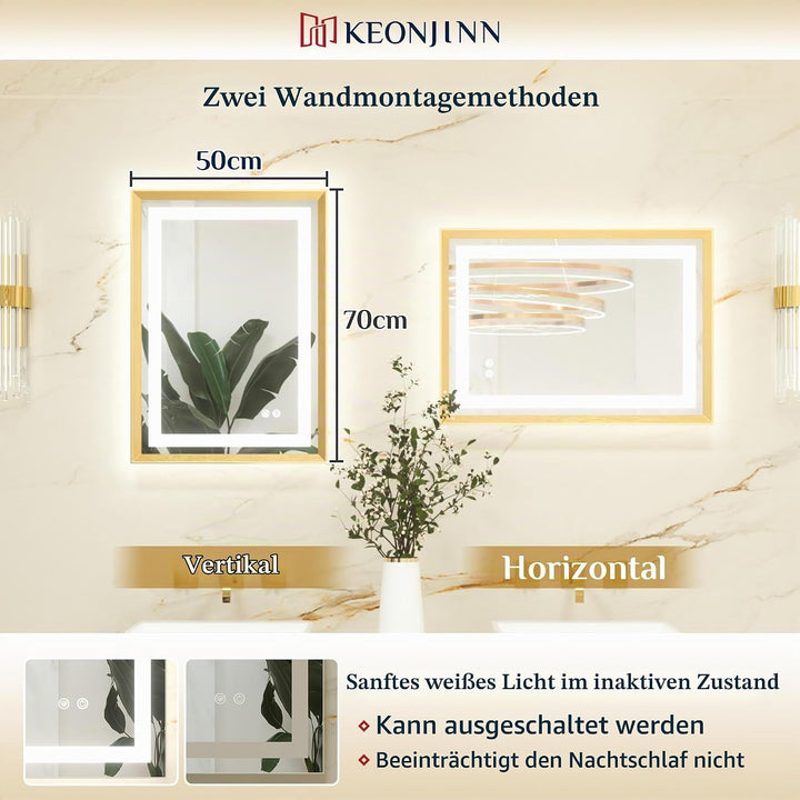 Keonjinn Badspiegel mit Beleuchtung Gold Metallrahmen 50x70cm, Badezimmerspiegel Beleuchtet Beschlag